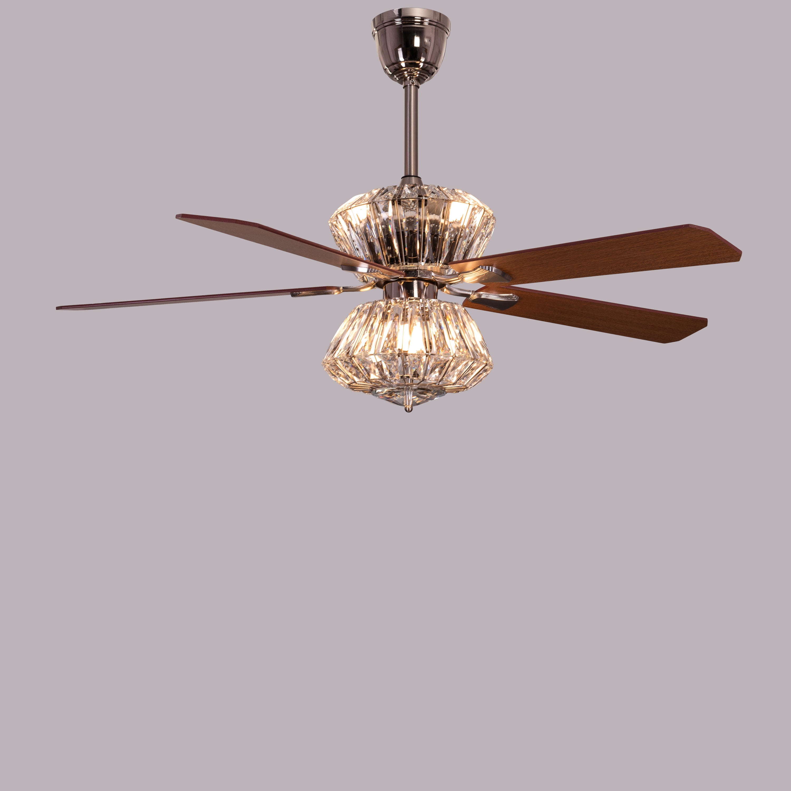 Embellished (132 cm Span, Chrome Finish Metal Body, Mahogany Finish Wooden Blade) Crystal Chandelier Ceiling Fan