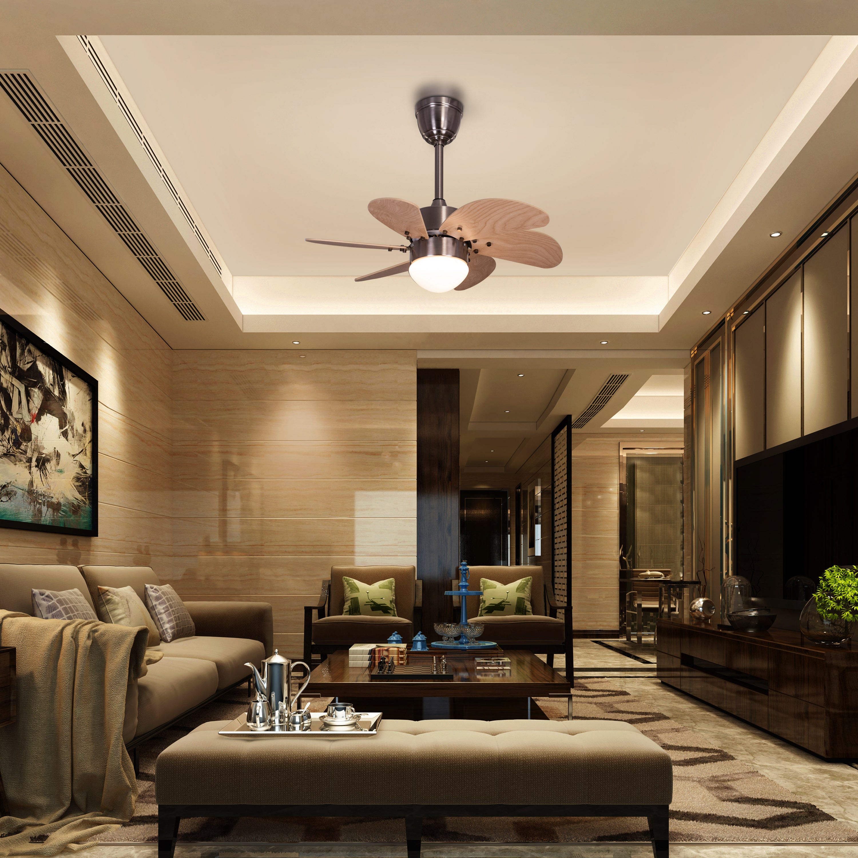 Casablanca (76 cm Span, Chrome Finish Metal Body, Maple Finish MDF Blades) Dimmable LED With Remote Control Ceiling Fan