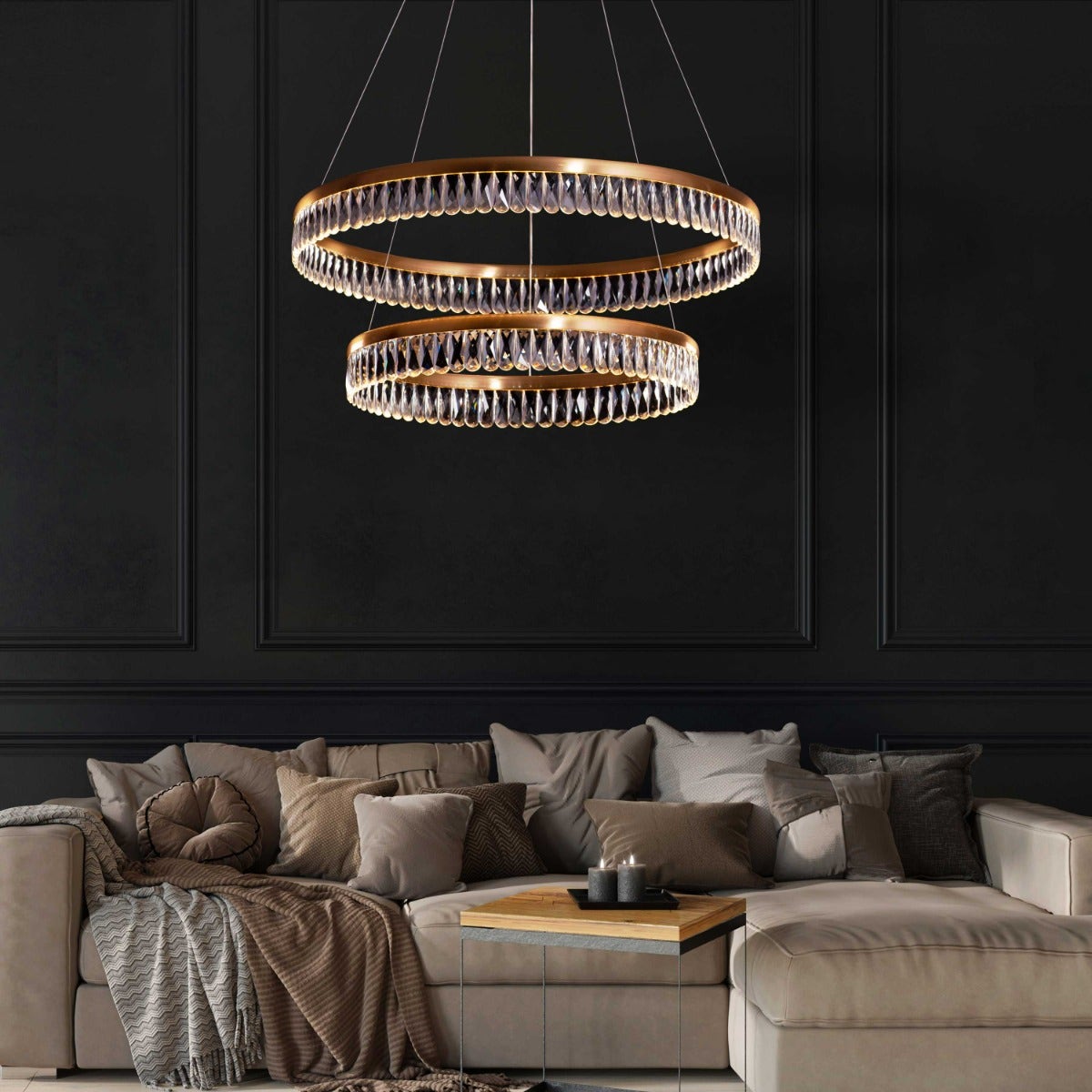Through The Fire (Large, Gold, Dimmable LED with Remote Control) 2- Layer Crystal Chandelier