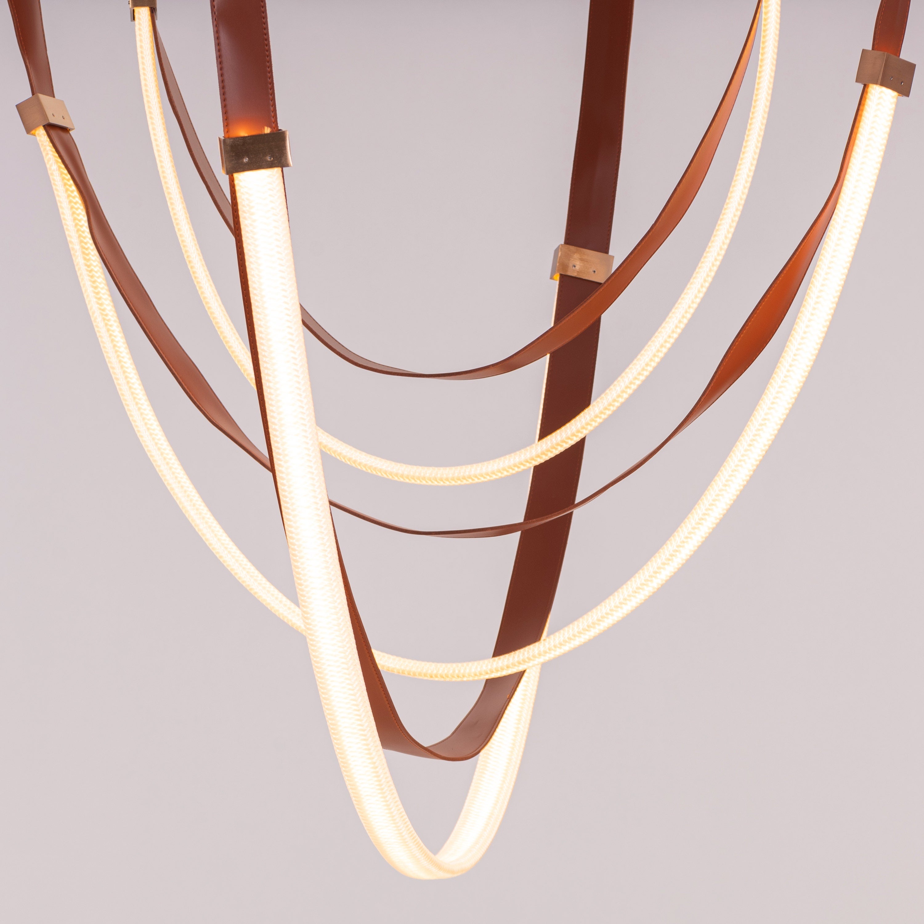Buckle Up (Large, Brown, White, 3 Color Built-In LED) Leather Chandelier
