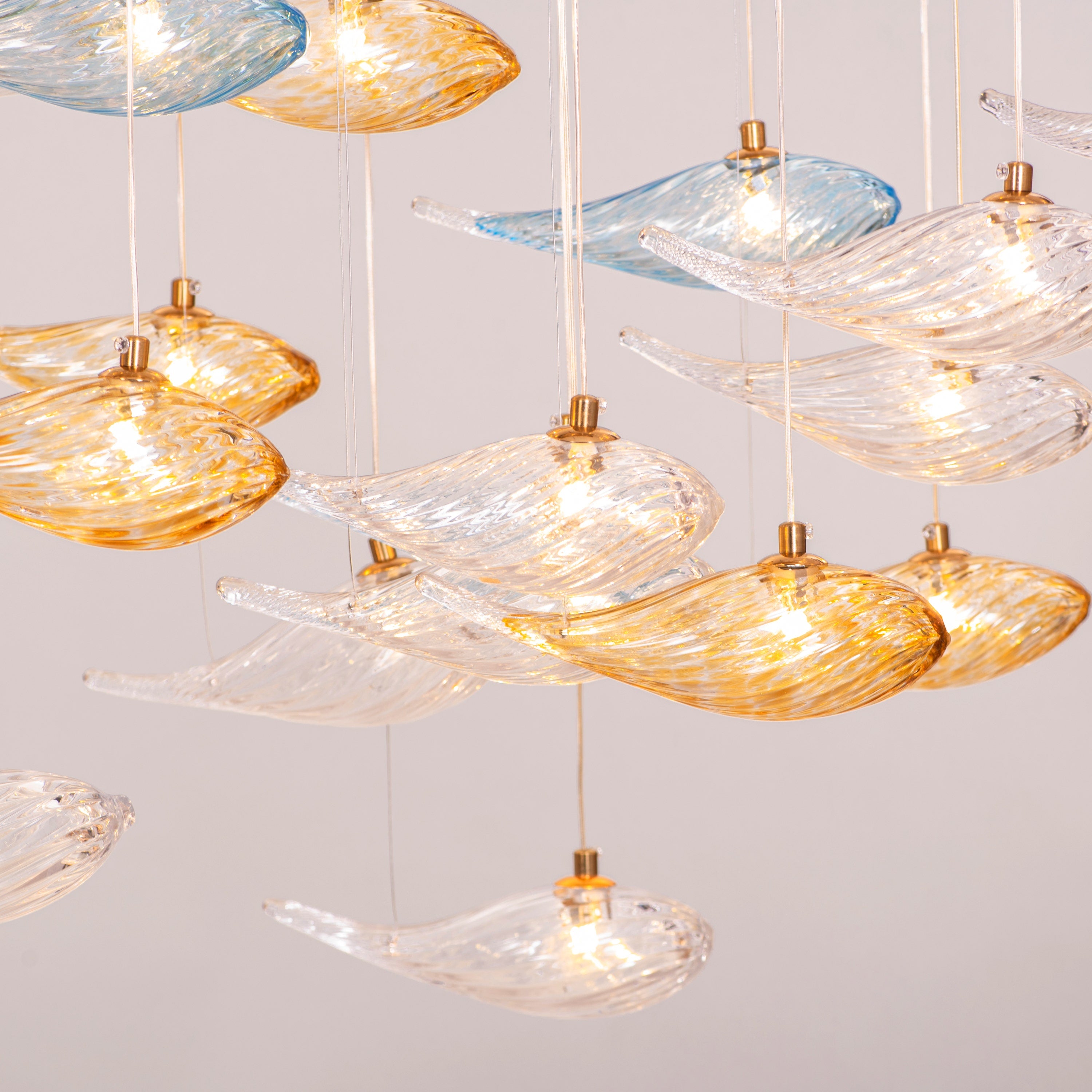 Swim With The Tide (Large, Gold, Clear, Amber) Textured Glass Double Height Chandelier