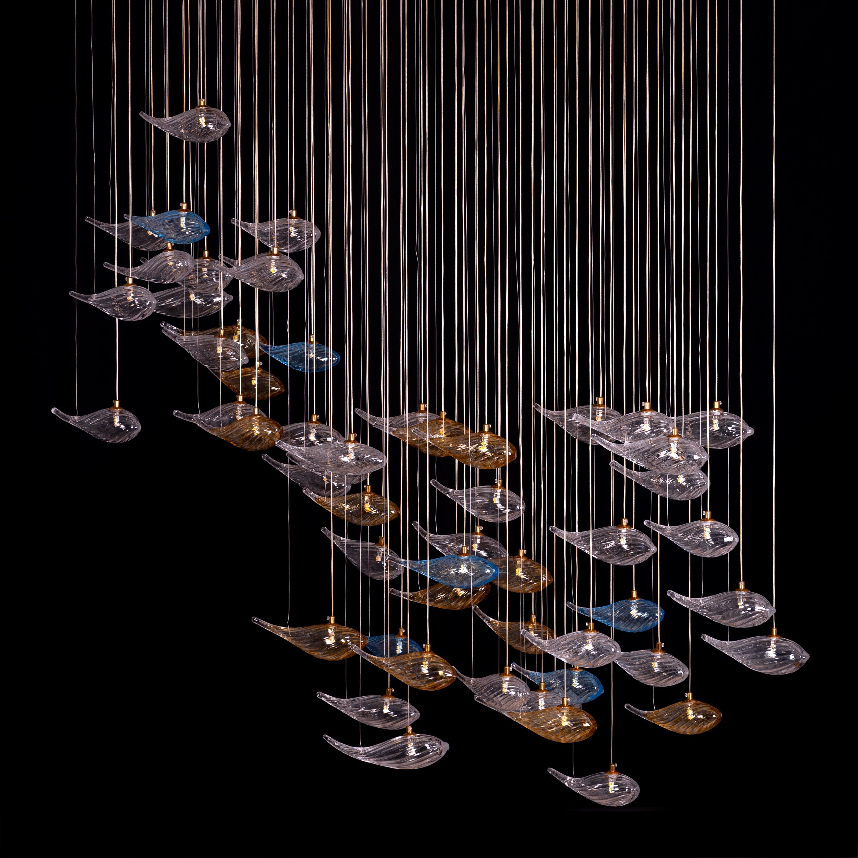 Swim With The Tide (Large, Gold, Clear, Amber) Textured Glass Double Height Chandelier