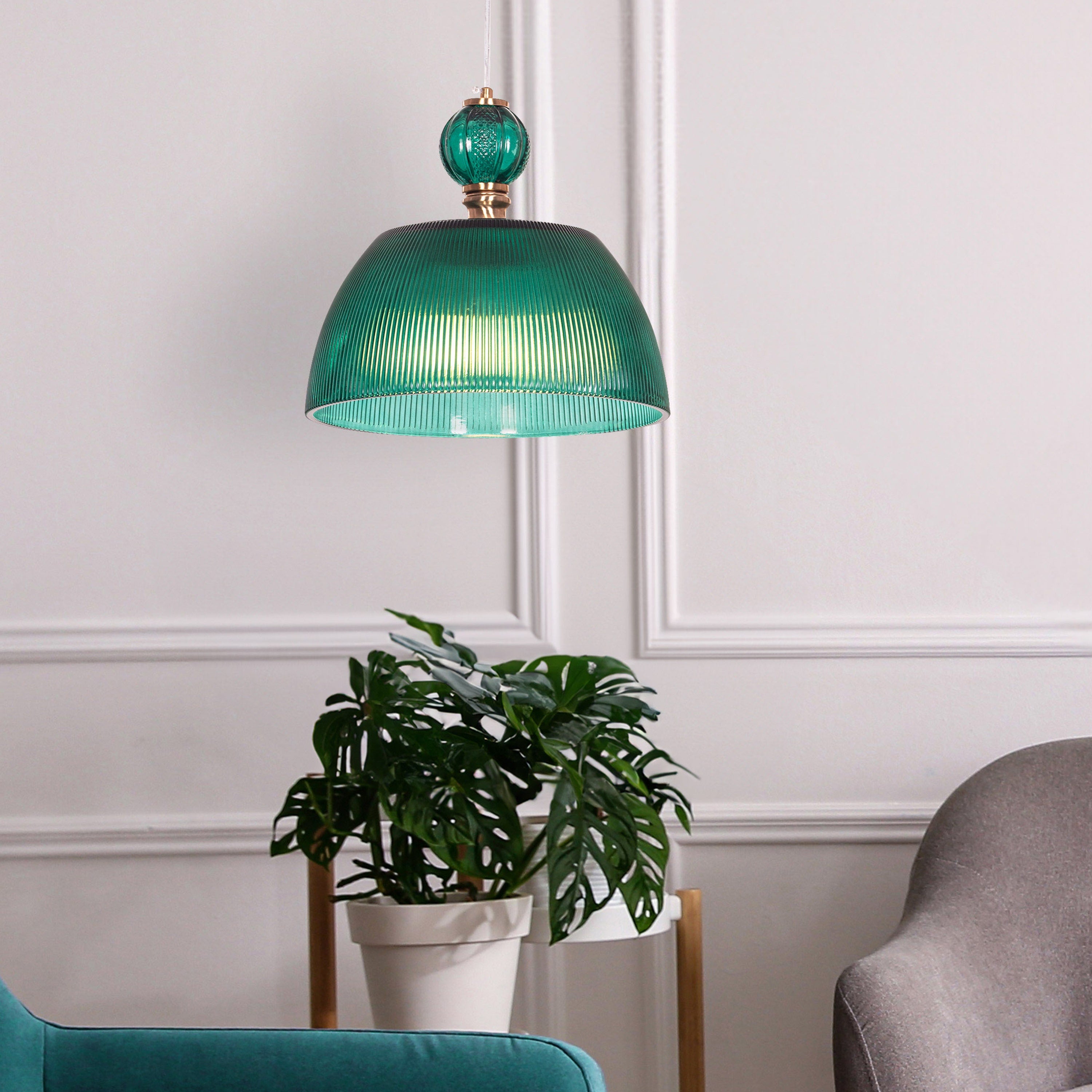 Teal Twist (Green, Gold) Textured Glass Pendant Light