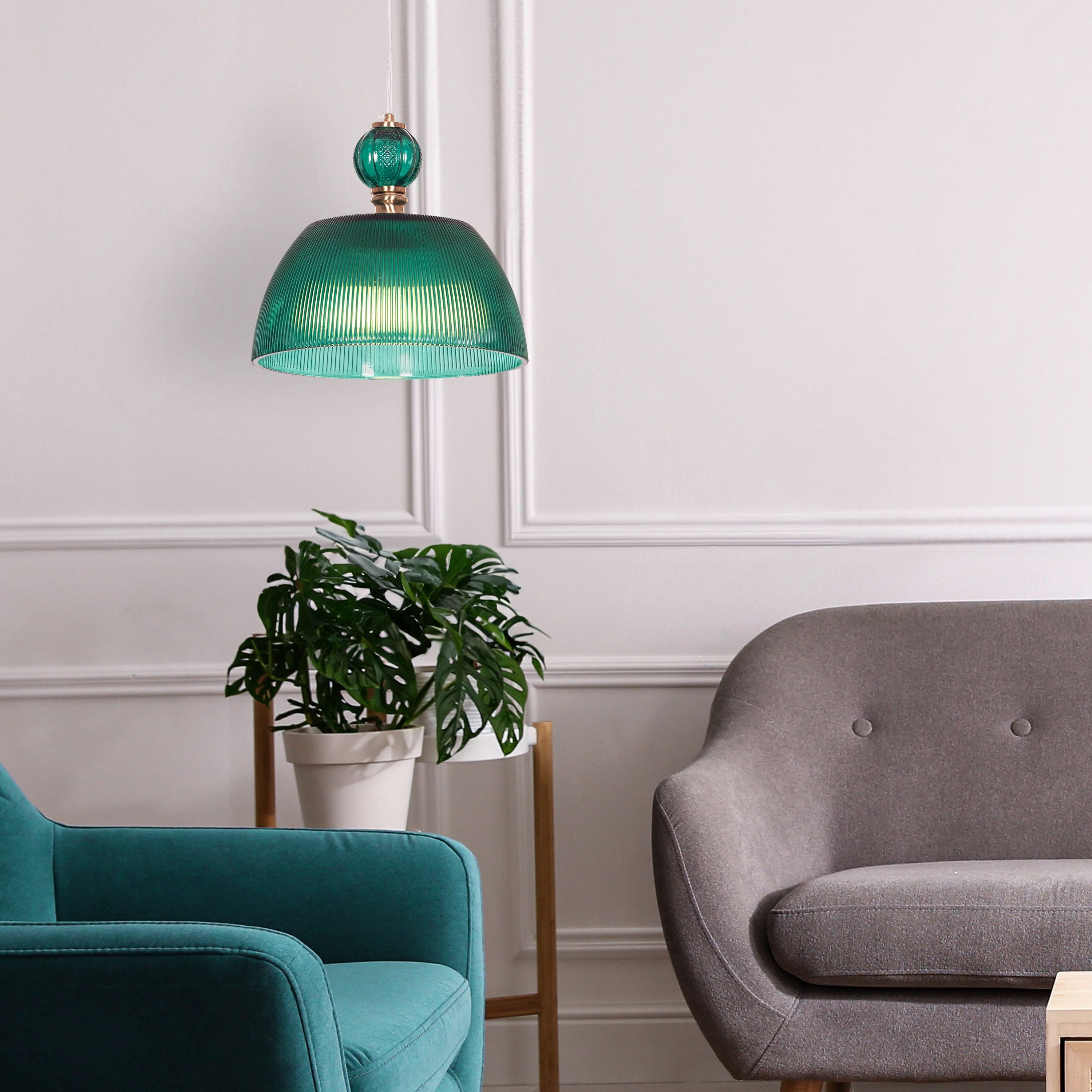 Teal Twist (Green, Gold) Textured Glass Pendant Light