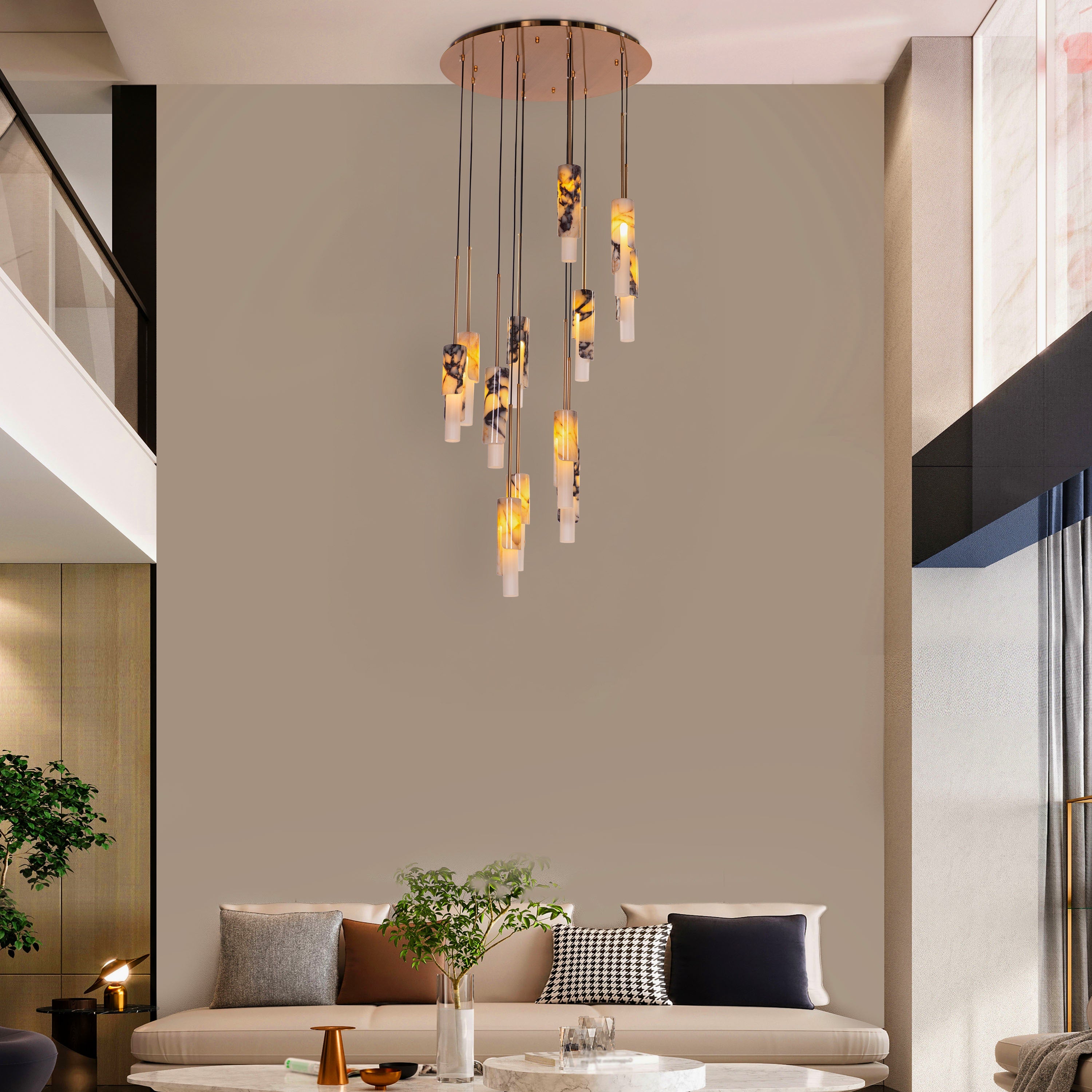 Veil Of Smoke (Gold, Black, White) Marble Double Height Chandelier