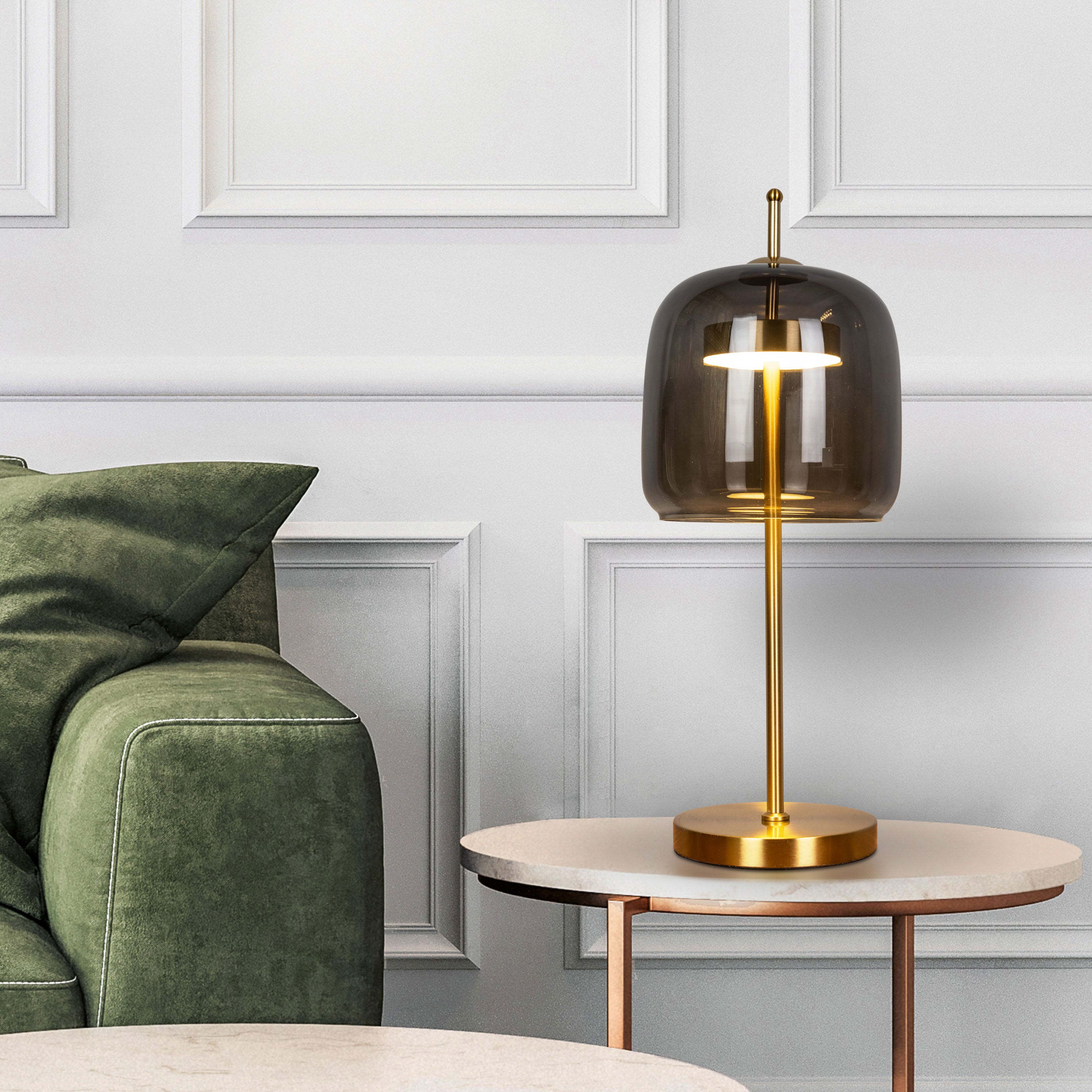 Sweet Escape (Smokey Grey, Gold, Built-In LED) Glass Table Lamp