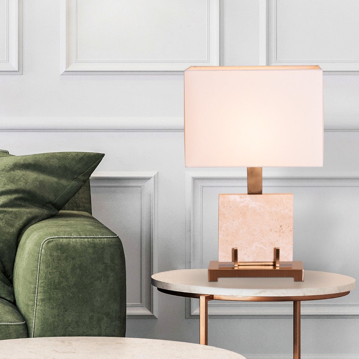 Marbled Travatino (Rectangular, Beige, White) Marble Table Lamp