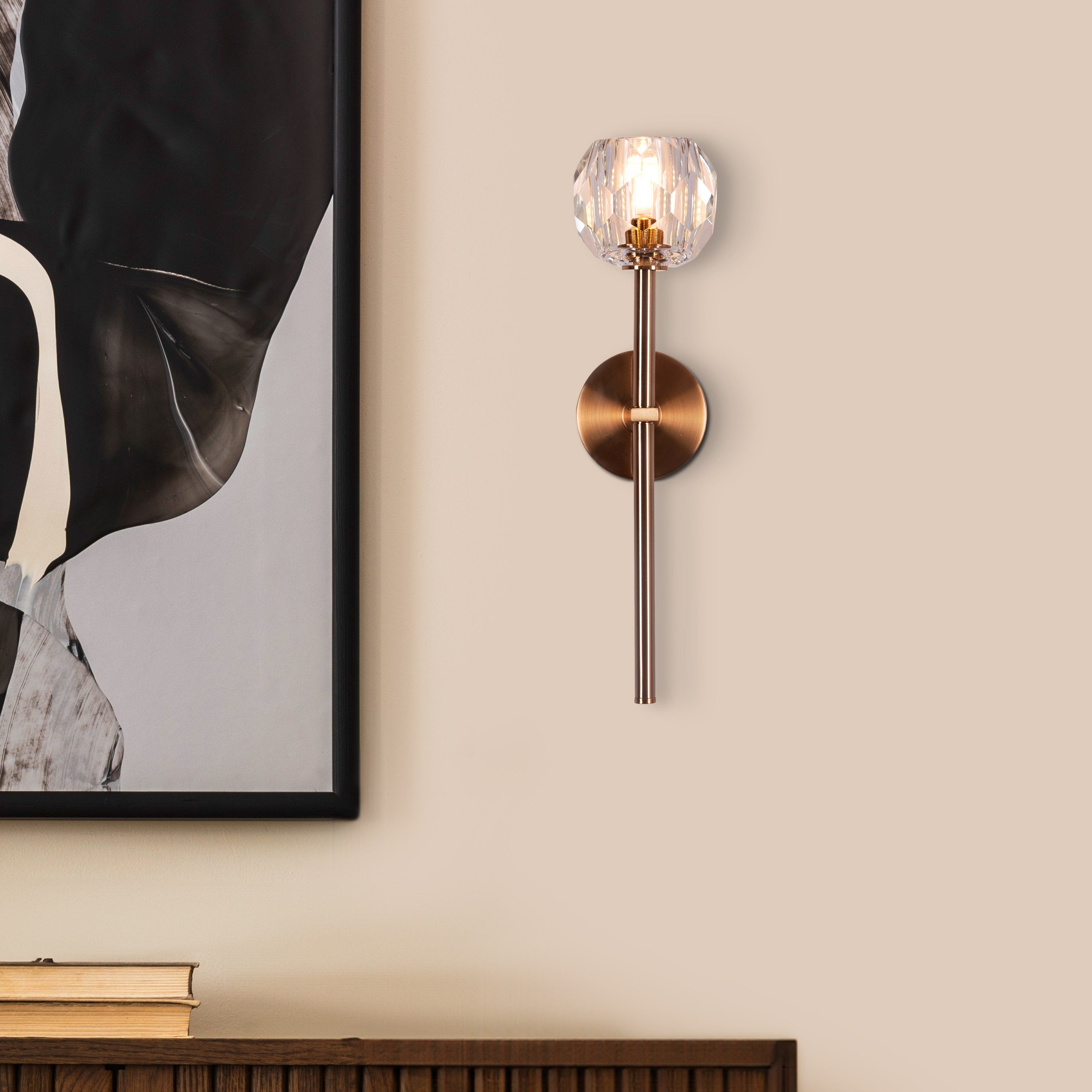 White Diamond (Long Stem, Gold, Single Head) Crystal Wall Light